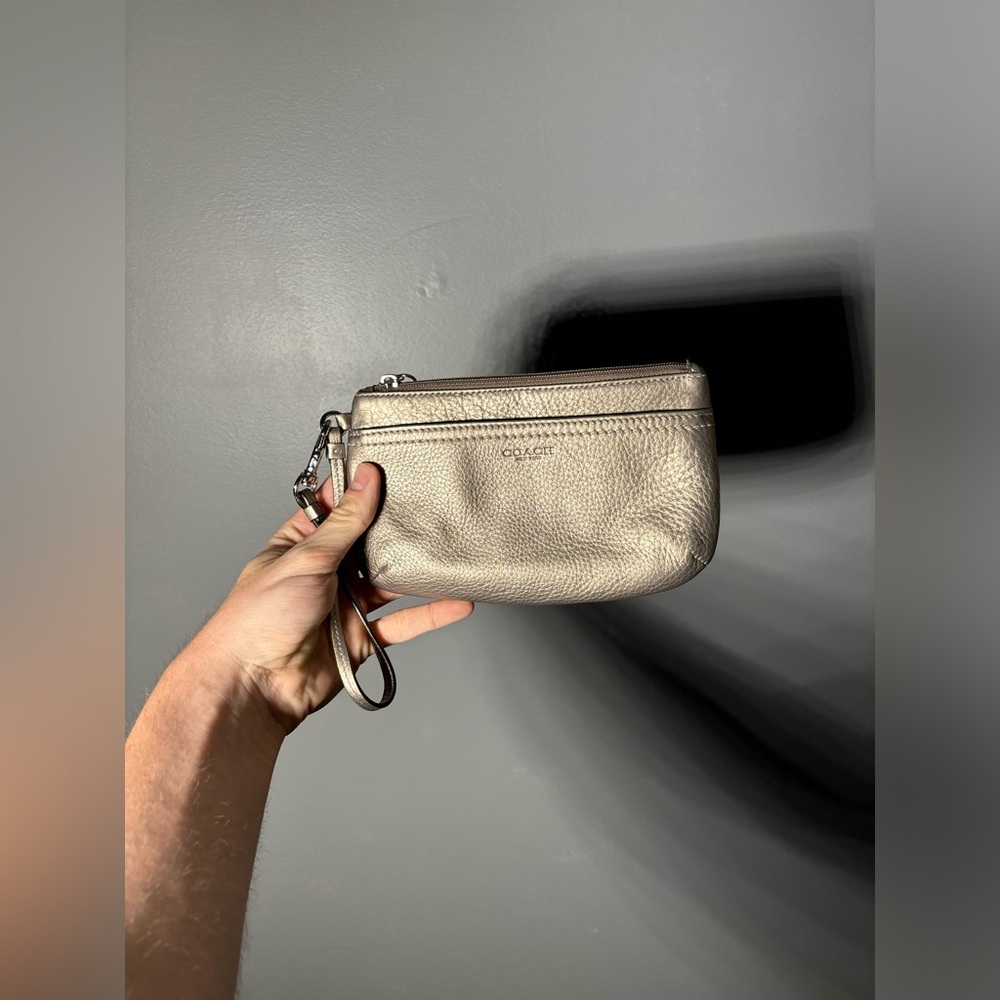 Coach Silver Pebbled Leather Zip Wristlet